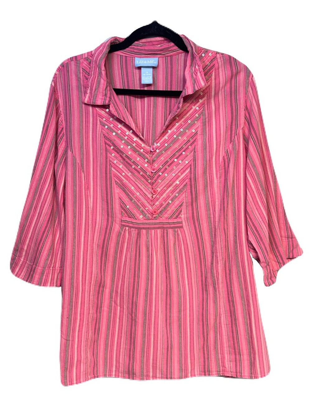 Liz&Me Cotton Pink Stripe Boho Top 1X Sequined 1/4 Button Blouse Coastal Vacay